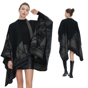 Damen Schal Poncho Cape Kaschmirimitat Gestrickt Jacquard Tuschemalerei Ginkgoblatt Muster Vorne Offen Winter Warm Oversize