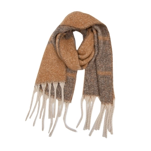 Plaid boucle mohair scarf with fringe trim in camel and brown tones on white background