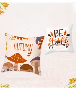 Detailed view of peach skin fabric harvest pillowcases with autumn leaves and mushroom print