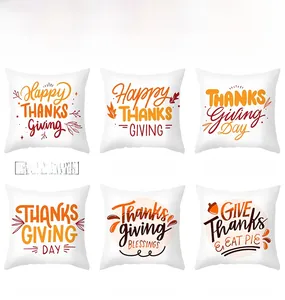 Detail view of six Thanksgiving pillow covers with festive pumpkin and turkey prints