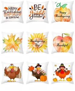 Nine decorative fall harvest pillow covers featuring pumpkins and turkeys in 3x3 grid