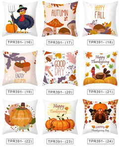Matrix display of nine Thanksgiving pillow covers with turkey and pumpkin prints