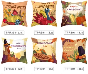 Detailed grid showing six Thanksgiving pillow covers with turkey and pumpkin motifs