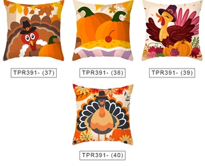 Set of four Thanksgiving pillow covers with turkey and pumpkin prints on soft peach skin