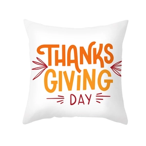 White Thanksgiving pillow case featuring orange Thanksgiving Day text and turkey harvest prints