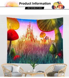Close-up of vibrant mushroom castle tapestry showing high-definition print quality