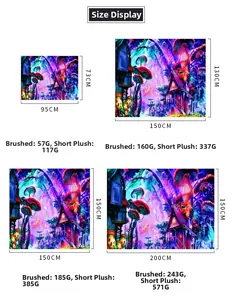 Detailed sizing chart for mushroom tapestry showing dimensions and fabric weight options