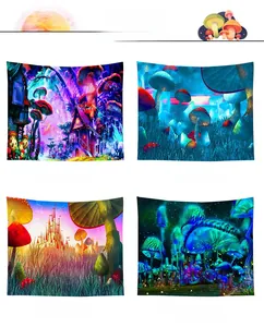 Detail view of four psychedelic mushroom and dream castle print wall tapestries