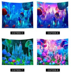 Detail showcasing four psychedelic mushroom castle tapestry designs with vibrant neon colors