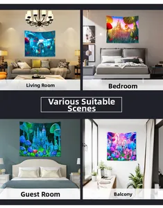 Colorful mushroom castle tapestry displayed in a living room, bedroom, and balcony setting