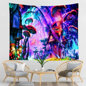 Colorful mushroom forest tapestry hanging on a white wall in a modern living room