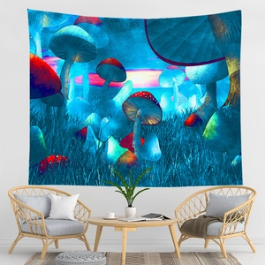 Psychedelic mushroom forest tapestry for bedroom wall decor in deep blue and cyan tones