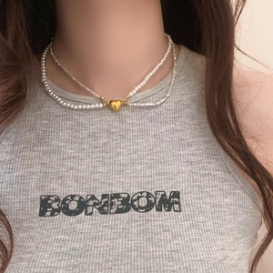 Double Layer Artificial Pearl Necklace With Gold Heart Magnetic Pendant Vintage French Style Silver Bead Clavicle Chain For Women
