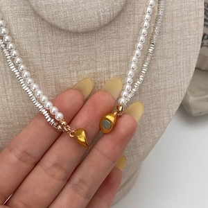 French vintage double layer necklace with pearls and silver beads featuring magnetic heart clasp