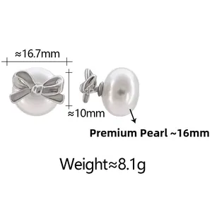 Detailed view of silver bow pearl earrings with dimensions 16.7mm x 10mm and 16mm pearls