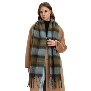 Thick checkered mohair scarf with tassels and blue-green plaid pattern for women
