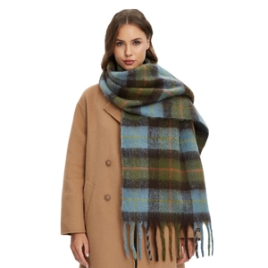Morandi blue and olive green checkered mohair scarf with tassels over camel wool coat