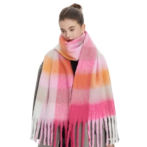 Thick colorful rainbow plaid mohair scarf with tassels on grey coat for women
