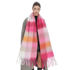 Thick rainbow plaid mohair scarf with pink and orange patterns and long fringes