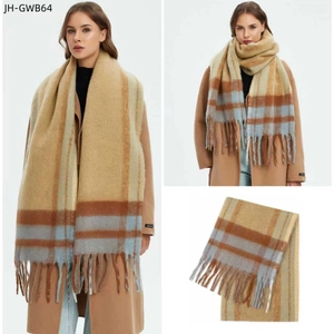 Thick mohair-like khaki plaid scarf with tassels, winter shawl for classic styling