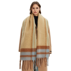 Thick beige and blue plaid tassel scarf with handmade label for winter season