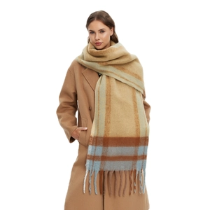 Thick khaki checkered mohair-style scarf with long fringes for winter warmth