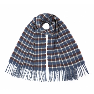 Winter oversized blue plaid scarf for women with soft fringe and vintage knit texture