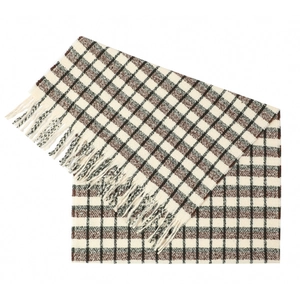 Detailed view of the soft plaid texture and fringed edges on this winter scarf