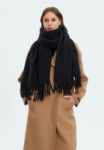 Detail showing soft cashmere-like fabric texture and long tassels on a black winter scarf