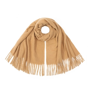 Detailed view of camel cashmere-like scarf showing soft knit texture and long tassels