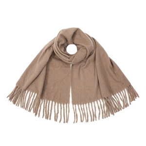 Detailed view of camel faux cashmere scarf with elegant long tassels and soft texture
