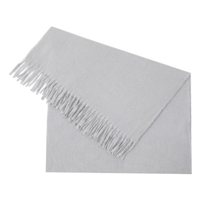 Detail of light gray knit scarf showing soft cashmere texture and long tassel edges