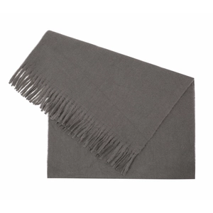 Close-up of the soft fringe detail and woven texture of a dark grey cashmere-like scarf