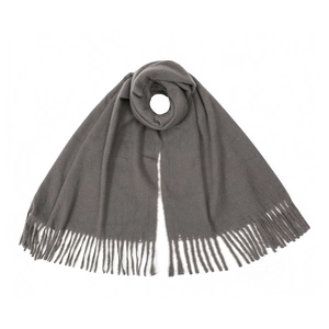 Detailed close-up of dark charcoal cashmere-like scarf showing soft texture and fringes
