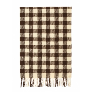 Close-up of brown and beige checkered scarf with knit tassels on a white background