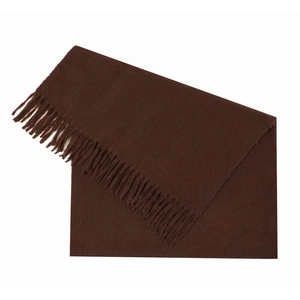 Close-up of deep coffee cashmere-like scarf with elegant long fringe tassels and soft texture