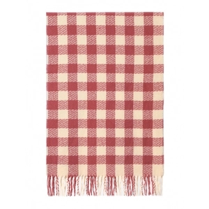 Detail of red and white checkered scarf featuring soft texture and tassel fringe edge