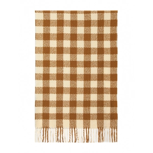 Detailed close-up of brown and beige checkered knit scarf with soft decorative tassels