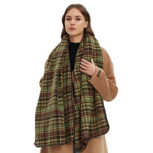 Thick green plaid scarf for women in vintage British style with checkered pattern