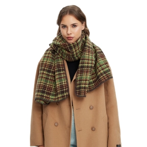Thick green plaid Christmas scarf in vintage style for winter, warm wool-like knit wrap