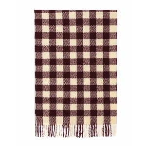 Detailed close-up of the red and white checkered scarf featuring classic woven fringe trim