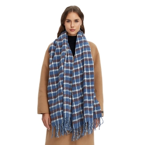 Blue and brown plaid tassel scarf made of thick warm fabric for winter fashion styles