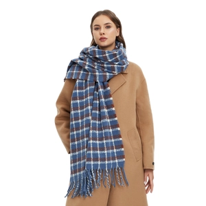 Classic blue and rust plaid winter scarf with fringe styled on a camel wool coat