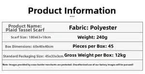 Detailed size chart for plaid tassel scarf made of polyester, measuring 180x63cm