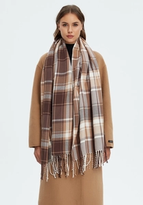 Detail of khaki plaid scarf with tassels on camel coat for autumn winter fashion style