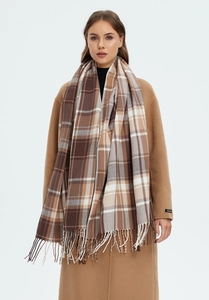 Close-up of classic khaki plaid scarf with fringe detail and soft autumn texture