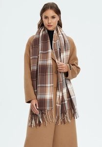 Detailed view of khaki plaid scarf paired with a camel wool coat featuring handmade cuffs