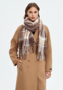Detail of classic khaki plaid tassel scarf paired with elegant camel wool overcoat