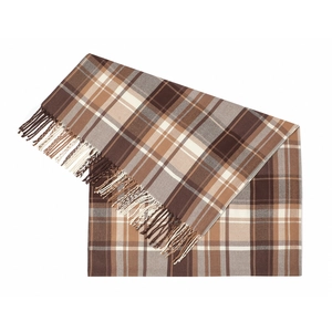 Detailed view of the classic khaki plaid scarf with fringe tassels and soft texture