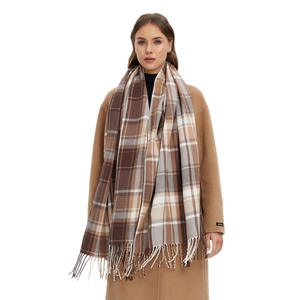 Classic khaki plaid scarf for women with fringe details for autumn and winter style